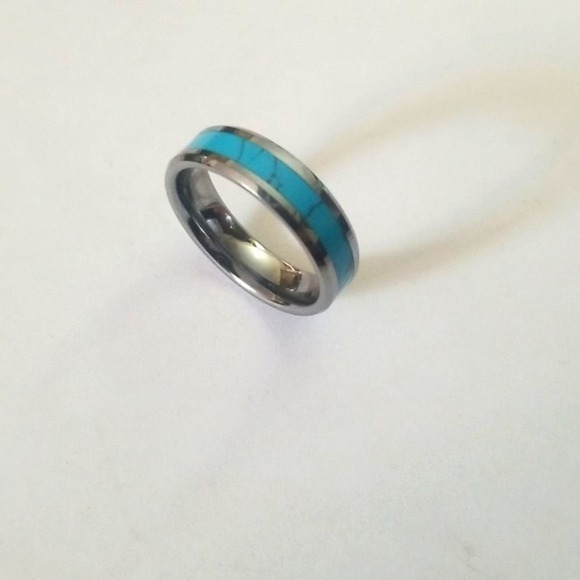 New Turquoise Inlay Center Beveled Edges Tungsten Carbide Ring. 6mm width size 8 - Picture 2 of 5